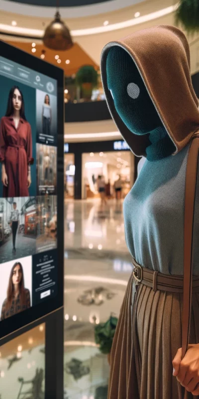 DALL·E 2024-04-01 11.46.52 - Una mujer con máscara misteriosa, de ascendencia hispana, mirando publicidad digital en un centro comercial. La mujer está parada frente a una pantall